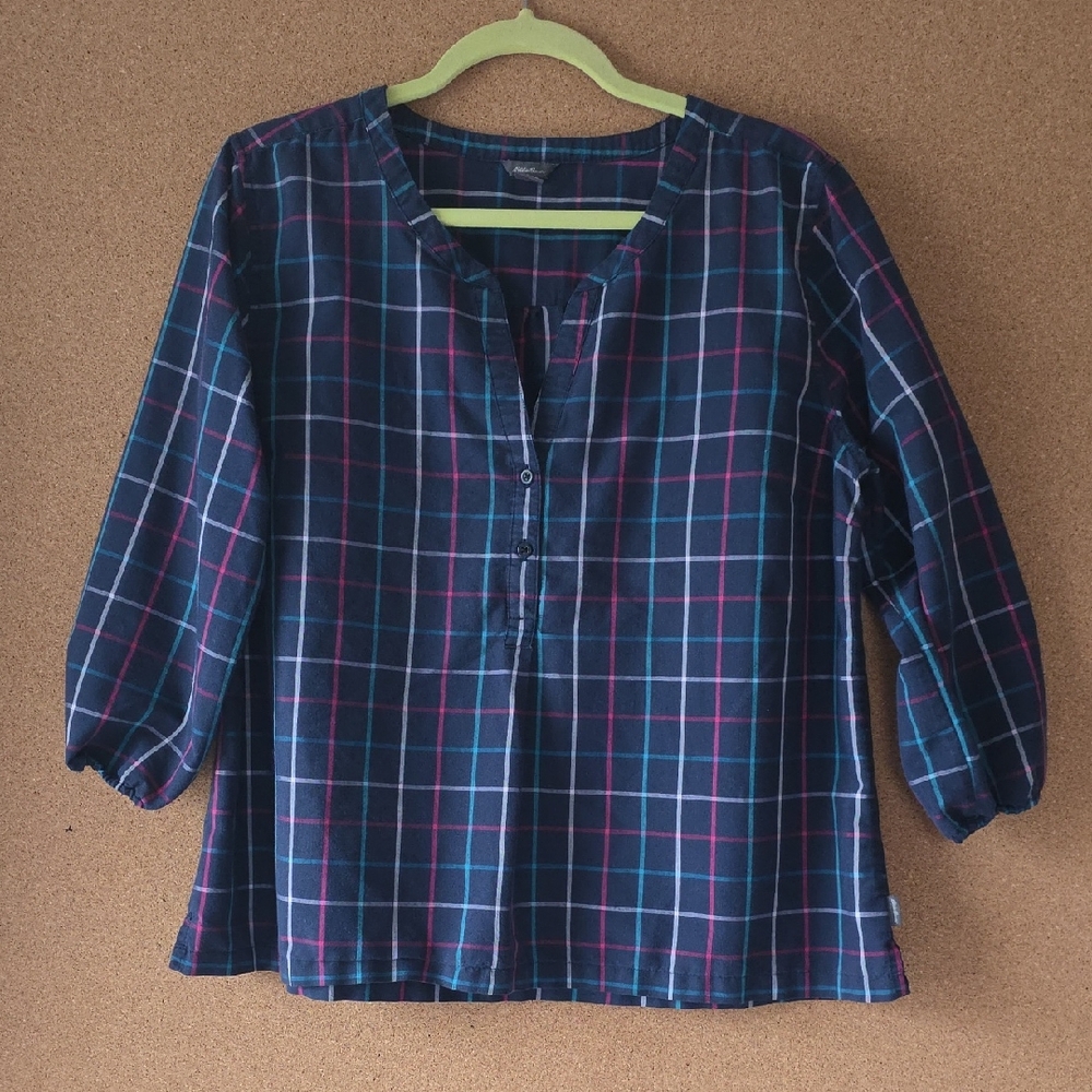 Eddie Bauer Y2K Women’s Plaid Cotton Blend Casual Shirt L Blue Pink Puff Sleeve